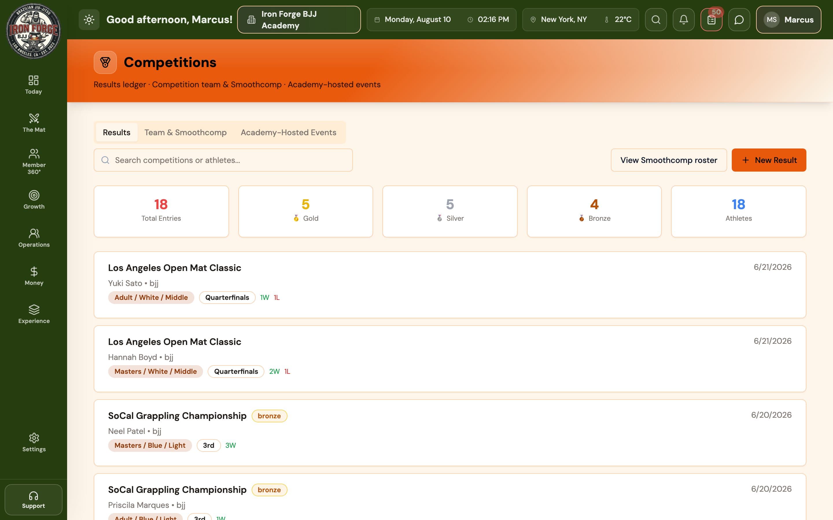 Competition Hub — team competition tracking with Smoothcomp sync