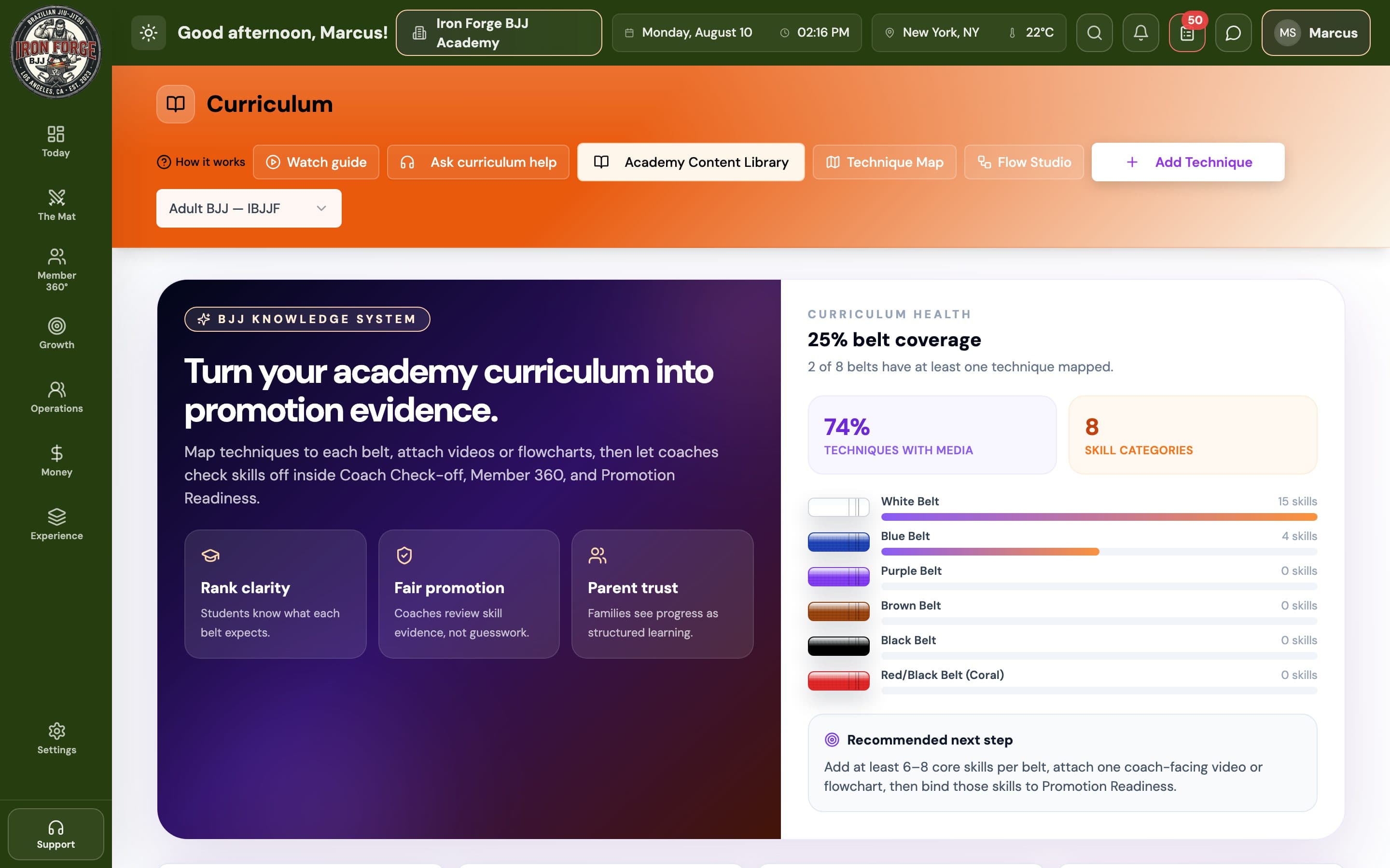 Curriculum screen — techniques organized by belt and module