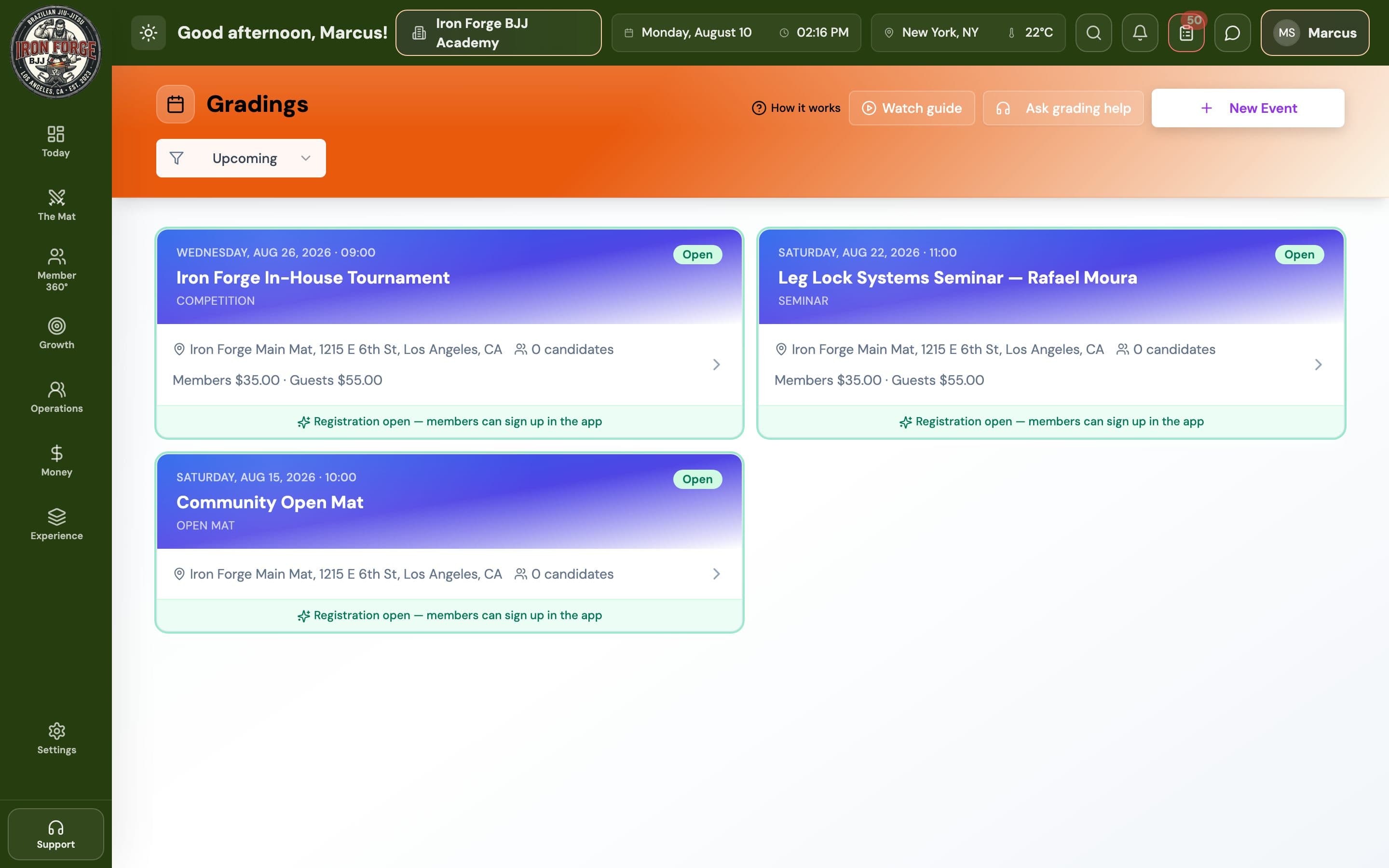 Gradings screen — grading events with candidates and Stripe fees