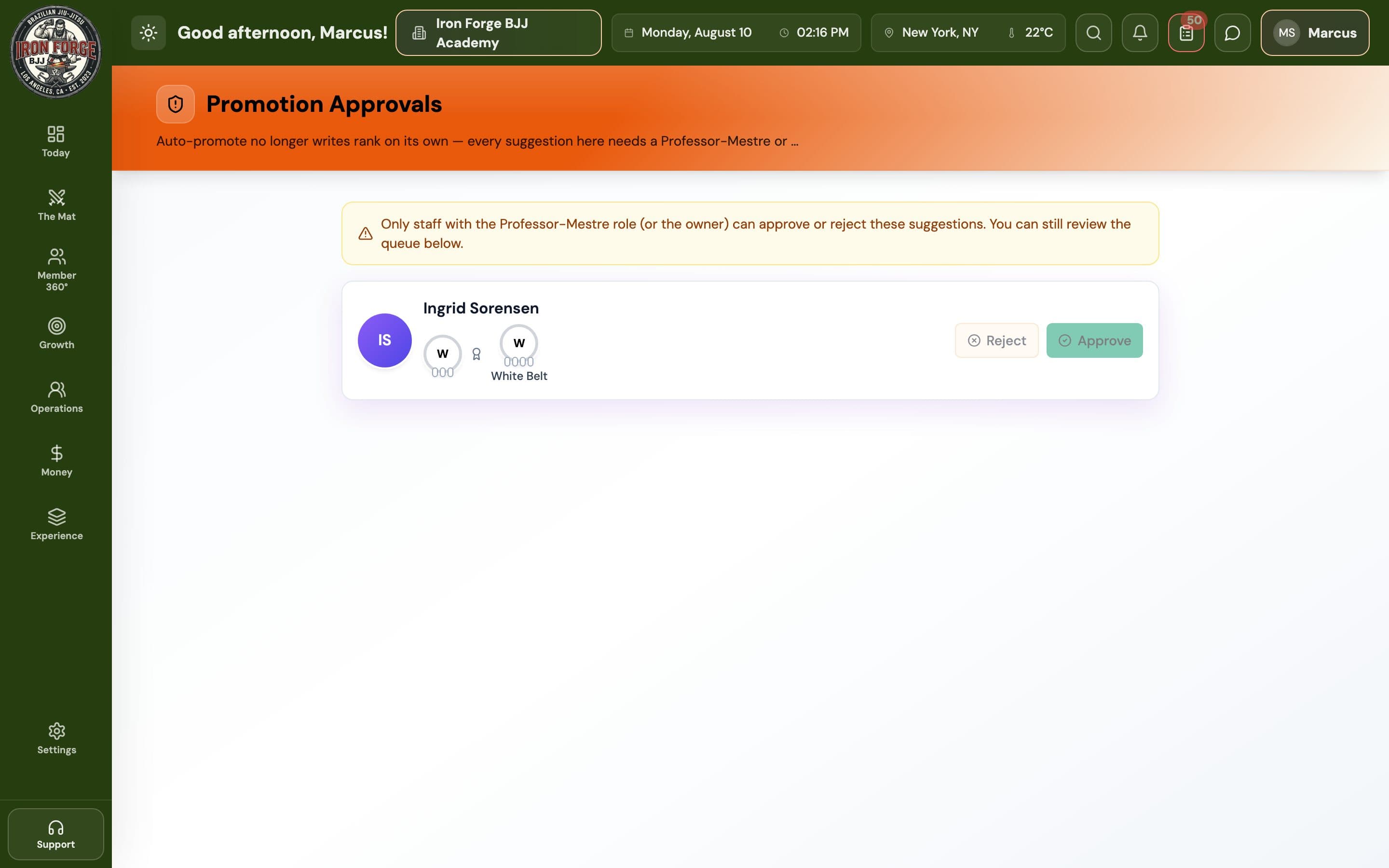 Promotion Readiness queue with coach review and the recorded decision