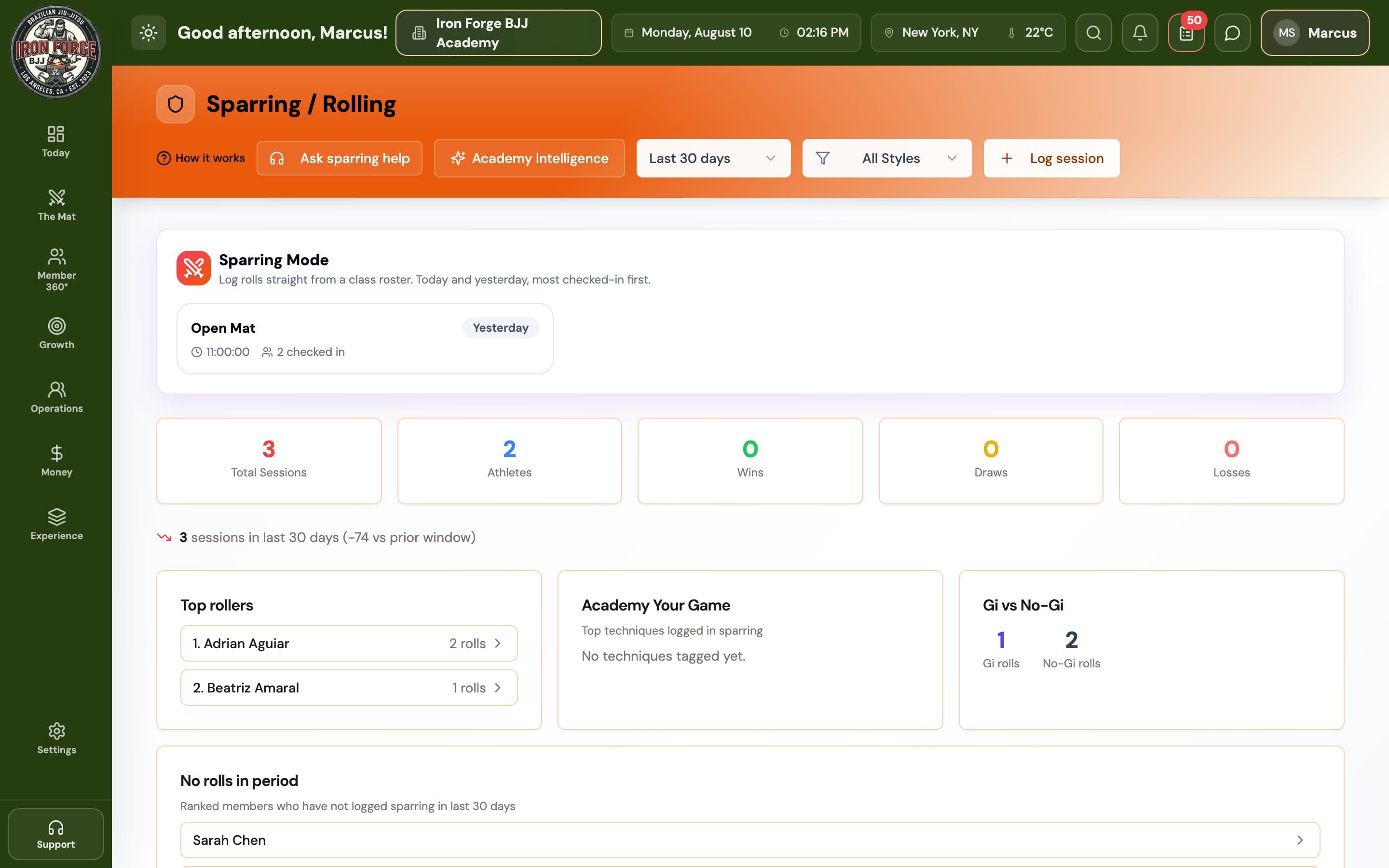 Rolling — sparring rounds, partners and intensity tracking